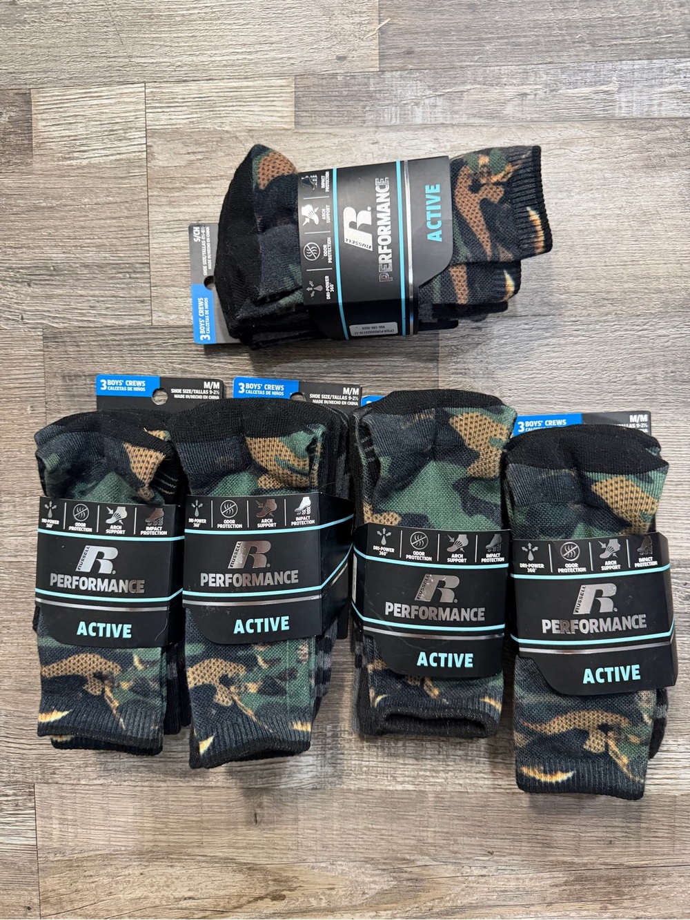 Russell Boys Camo Crew Socks- Performance - (15Pairs) 12pairs medium & 3 Small